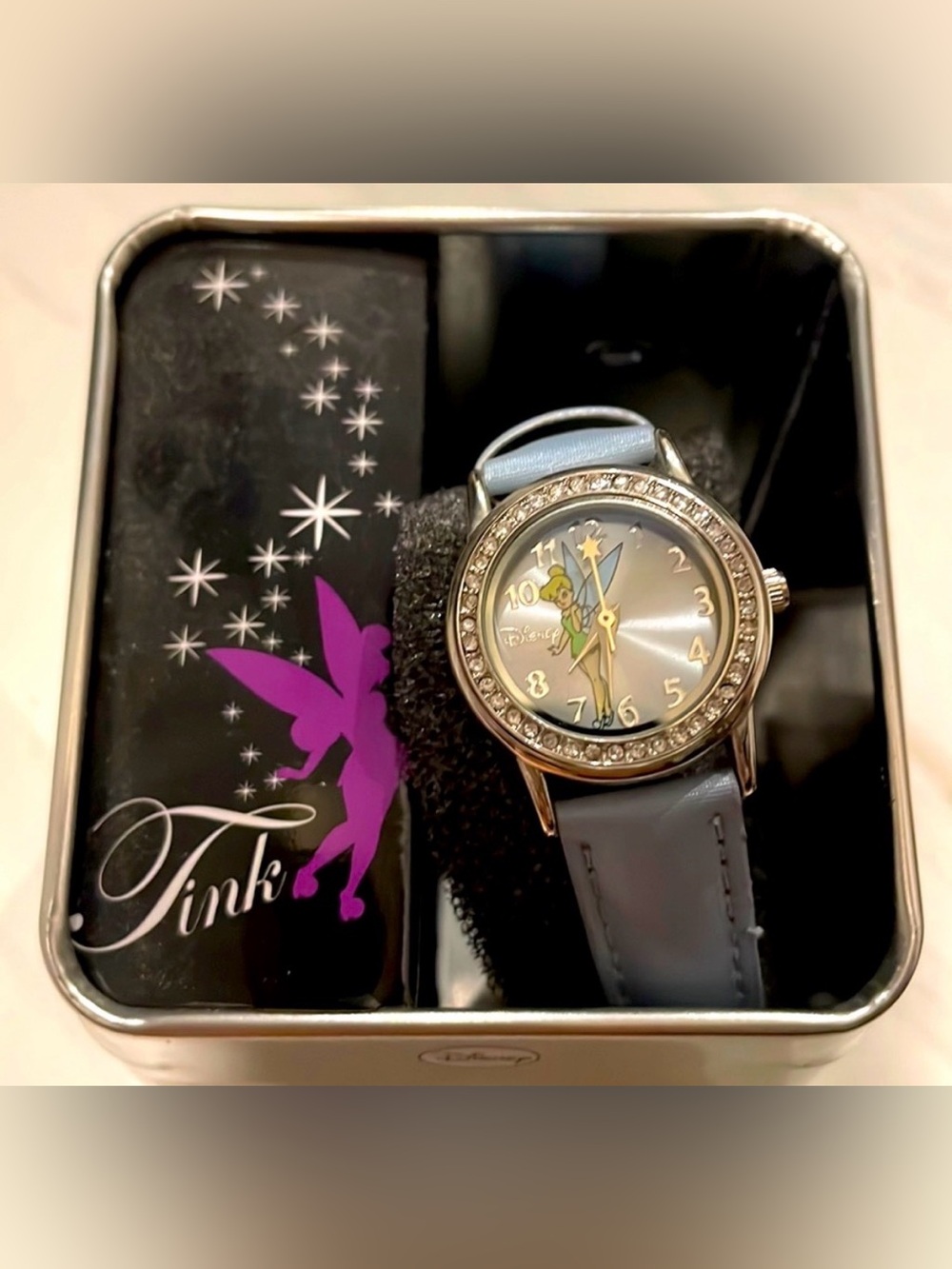 Disney Tinker Bell Silver Crystal Watch with Light Blue Strap